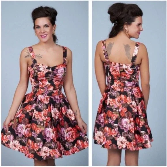 Beach Bash Art Tatyana Pink Retro Floral Fit Flare Modcloth Dress Pinup Skater S - Picture 2 of 7